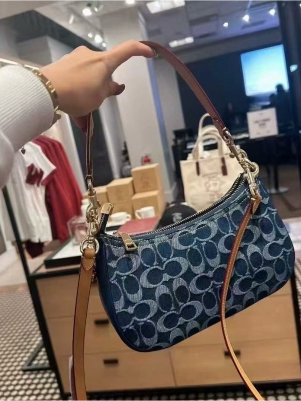 Coach Blue Denim Jacquard Mini Shoulder Bag with Tan Strap - Picture 2 of 5